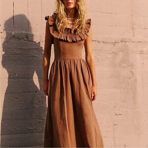 Free People Ruffle It Up Midi Dress Brownie Tie Back Smocked MEDIUM